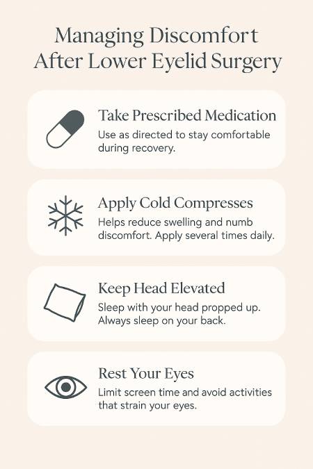 infographic showing ways to manage pain after lower eyelid surgery